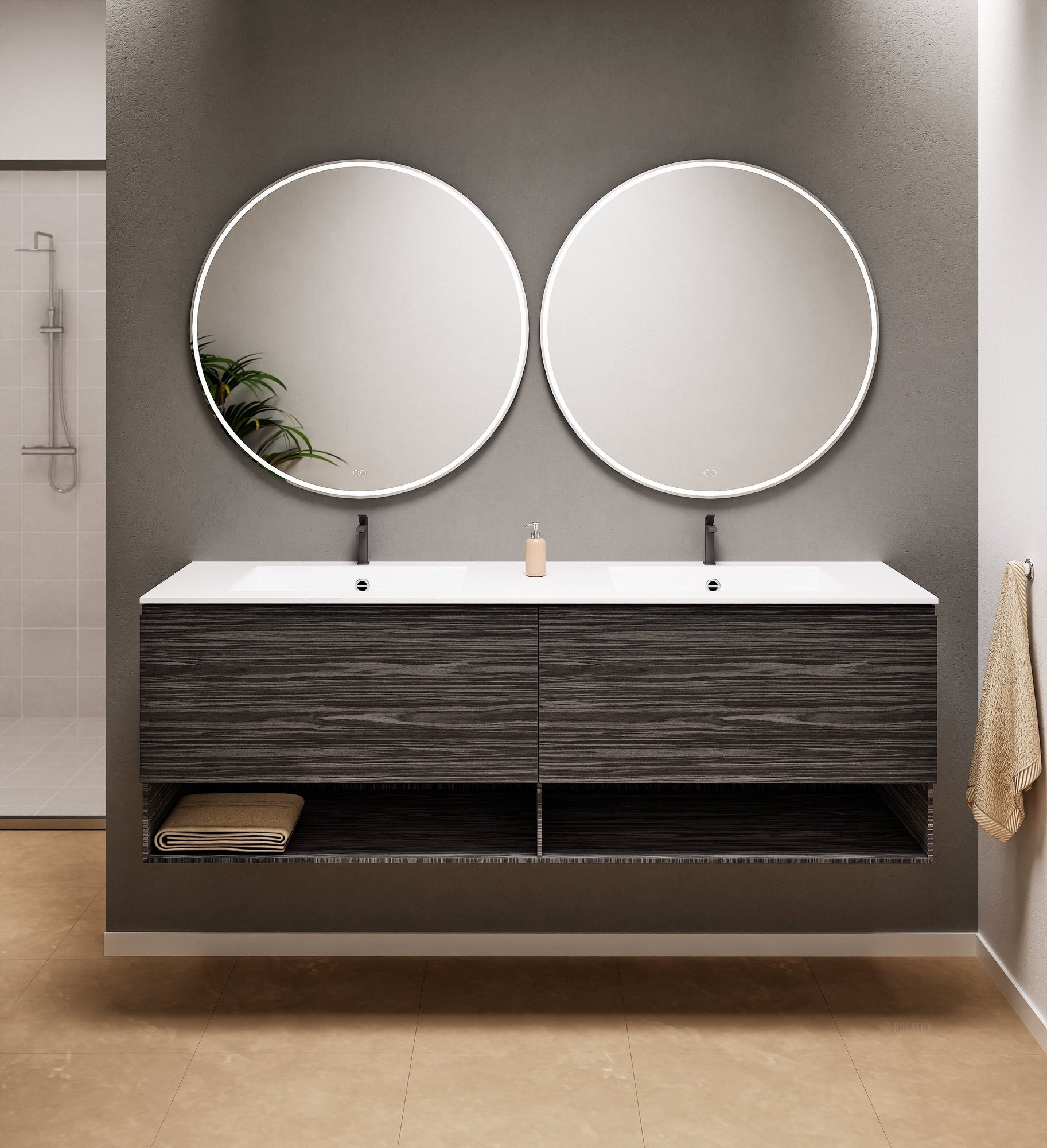 Aurora Double Set – Corian Sinks & Countertop with 2 Drawers Vanity & Bottom Shelves - ROVALUX