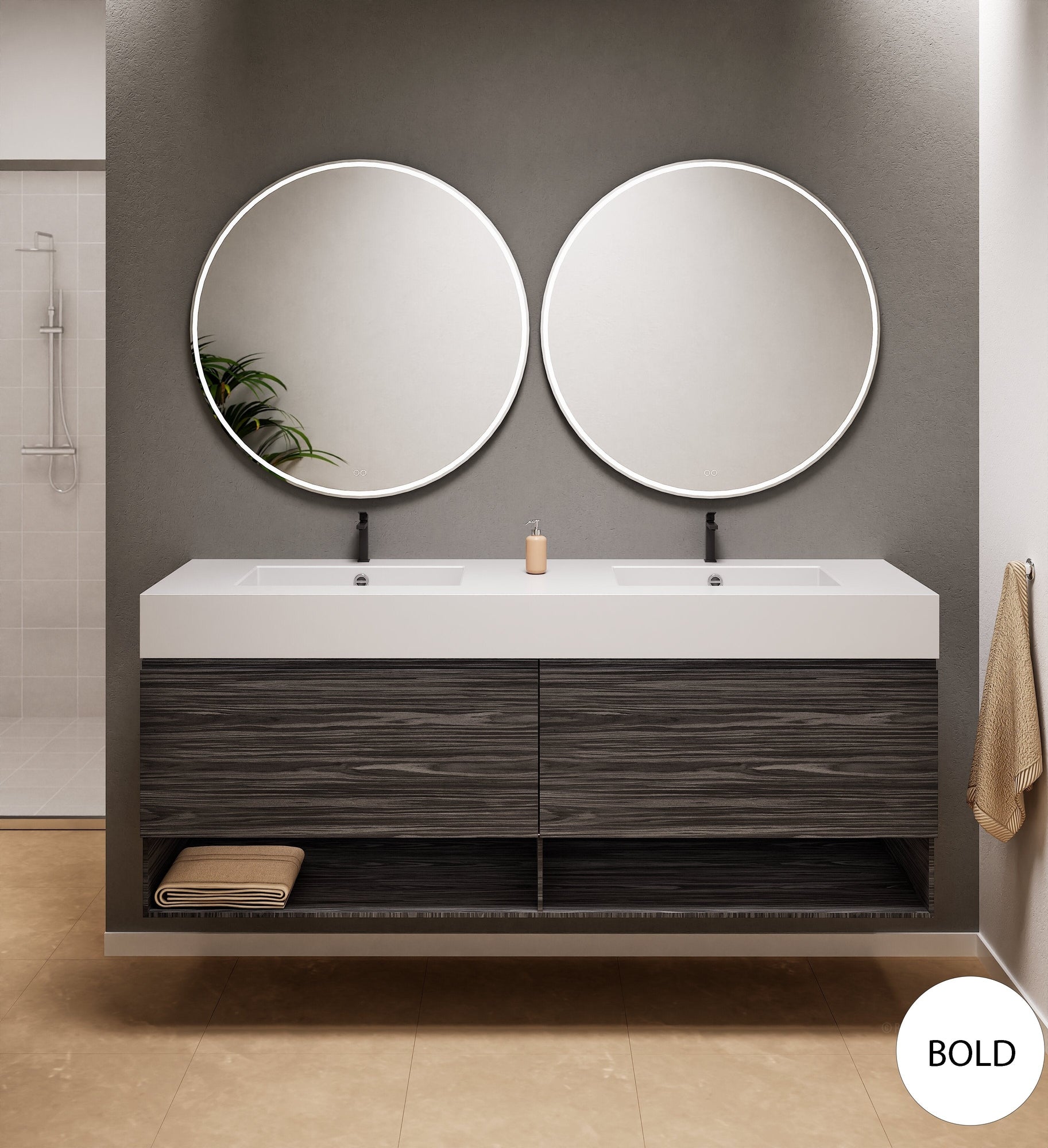 Aurora Double Set – Corian Sinks & Countertop with 2 Drawers Vanity & Bottom Shelves - ROVALUX