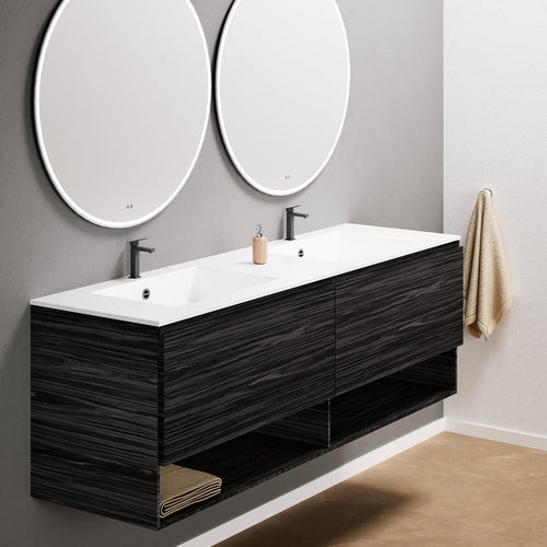 Aurora Double Set – Corian Sinks & Countertop with 2 Drawers Vanity & Bottom Shelves - ROVALUX
