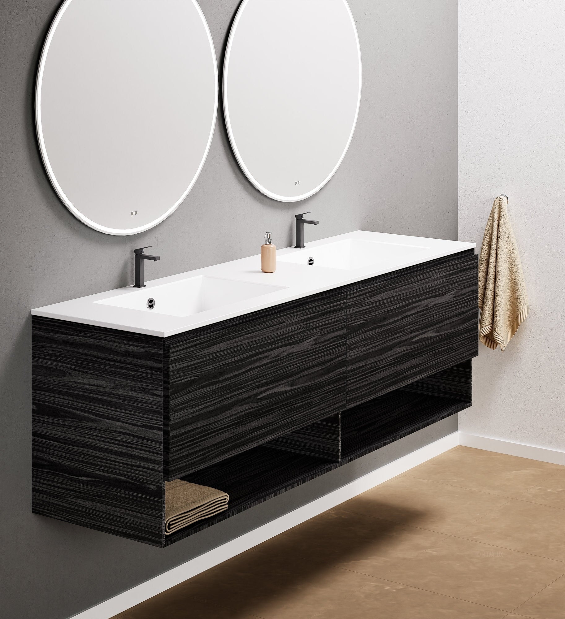 Aurora Double Set – Corian Sinks & Countertop with 2 Drawers Vanity & Bottom Shelves - ROVALUX