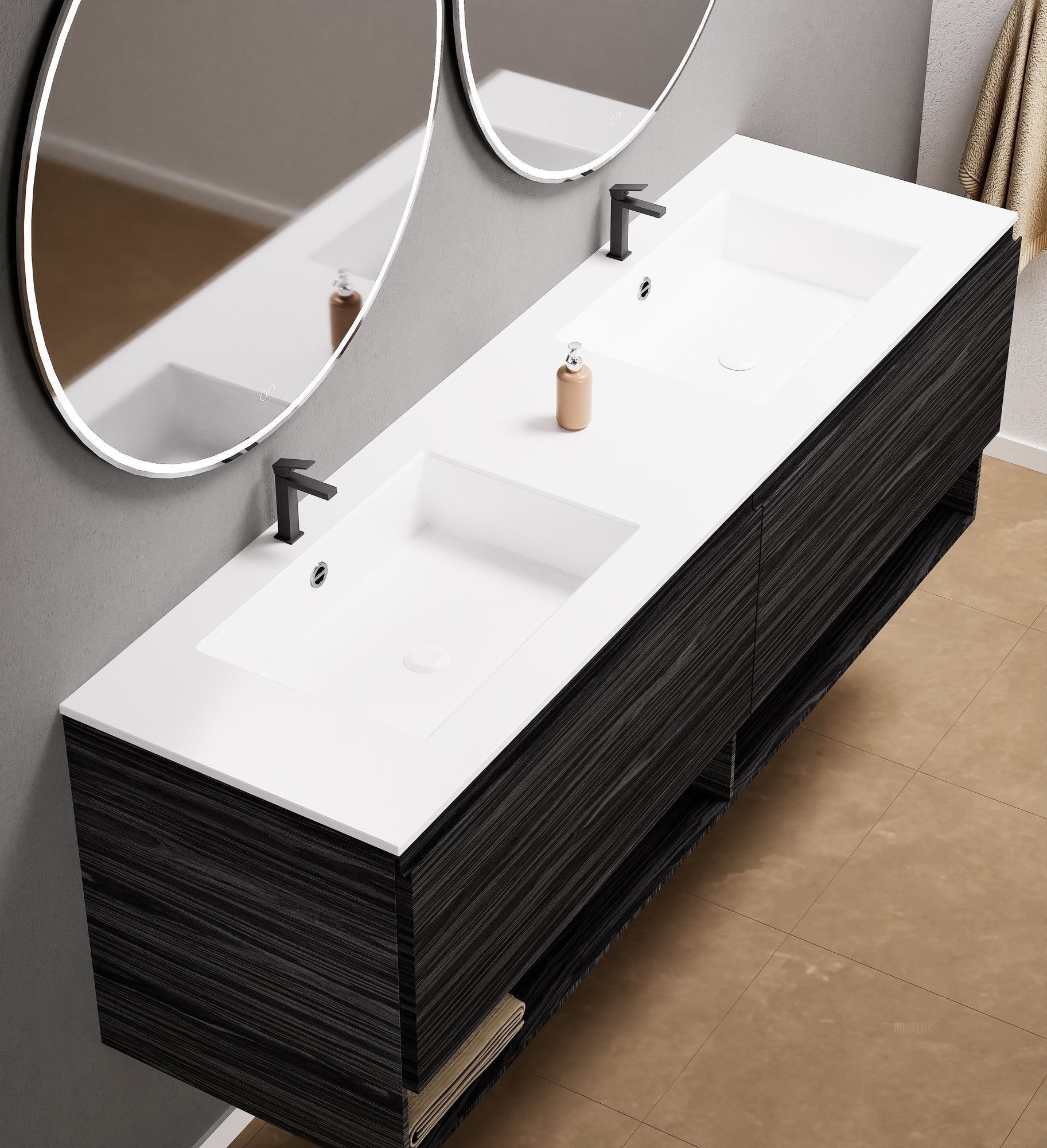 Aurora Double Set – Corian Sinks & Countertop with 2 Drawers Vanity & Bottom Shelves - ROVALUX