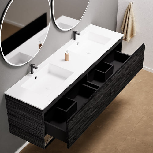 Aurora Double Set – Corian Sinks & Countertop with 2 Drawers Vanity & Bottom Shelves - ROVALUX