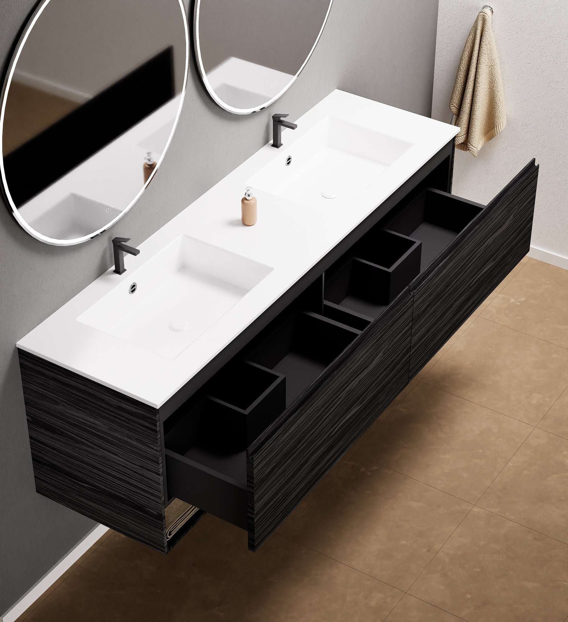 Aurora Double Set – Corian Sinks & Countertop with 2 Drawers Vanity & Bottom Shelves - ROVALUX