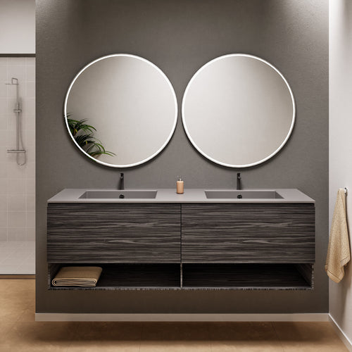 Aurora Double Set – Corian Sinks & Countertop with 2 Drawers Vanity & Bottom Shelves - ROVALUX