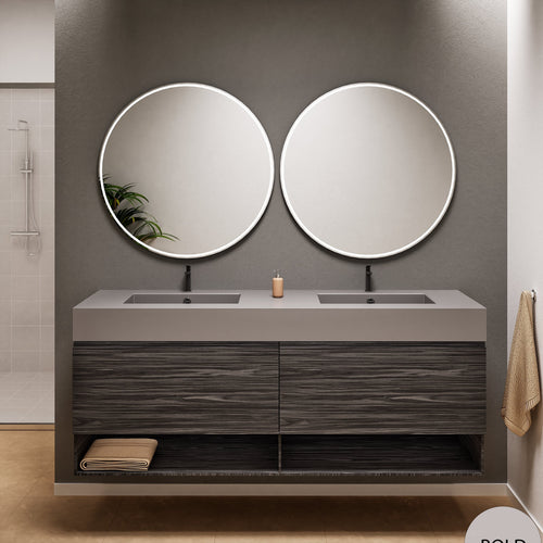 Aurora Double Set – Corian Sinks & Countertop with 2 Drawers Vanity & Bottom Shelves - ROVALUX