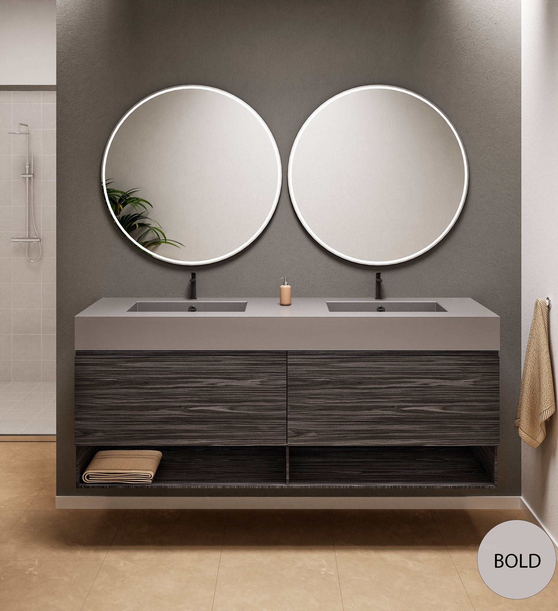 Aurora Double Set – Corian Sinks & Countertop with 2 Drawers Vanity & Bottom Shelves - ROVALUX