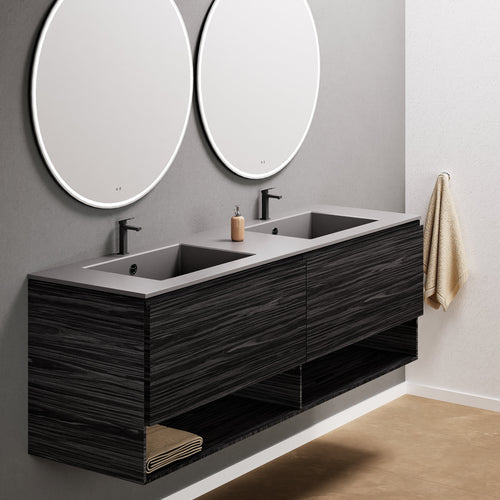 Aurora Double Set – Corian Sinks & Countertop with 2 Drawers Vanity & Bottom Shelves - ROVALUX