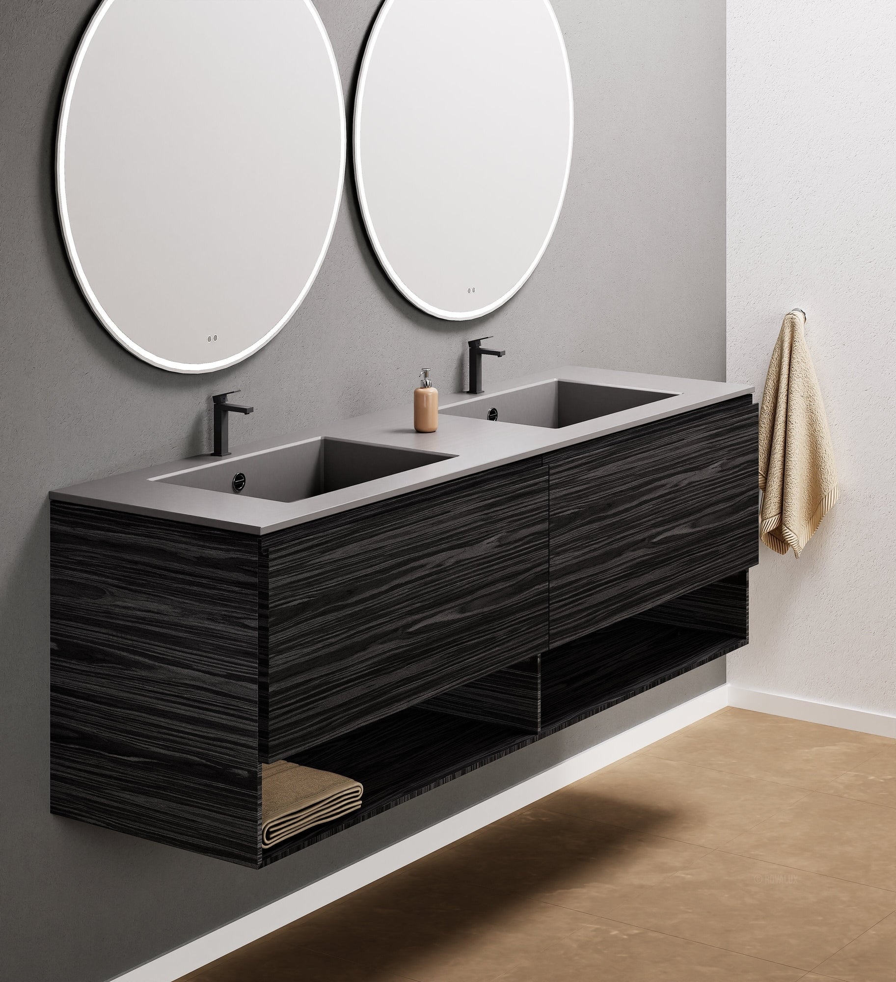 Aurora Double Set – Corian Sinks & Countertop with 2 Drawers Vanity & Bottom Shelves - ROVALUX