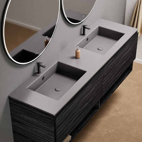 Aurora Double Set – Corian Sinks & Countertop with 2 Drawers Vanity & Bottom Shelves - ROVALUX