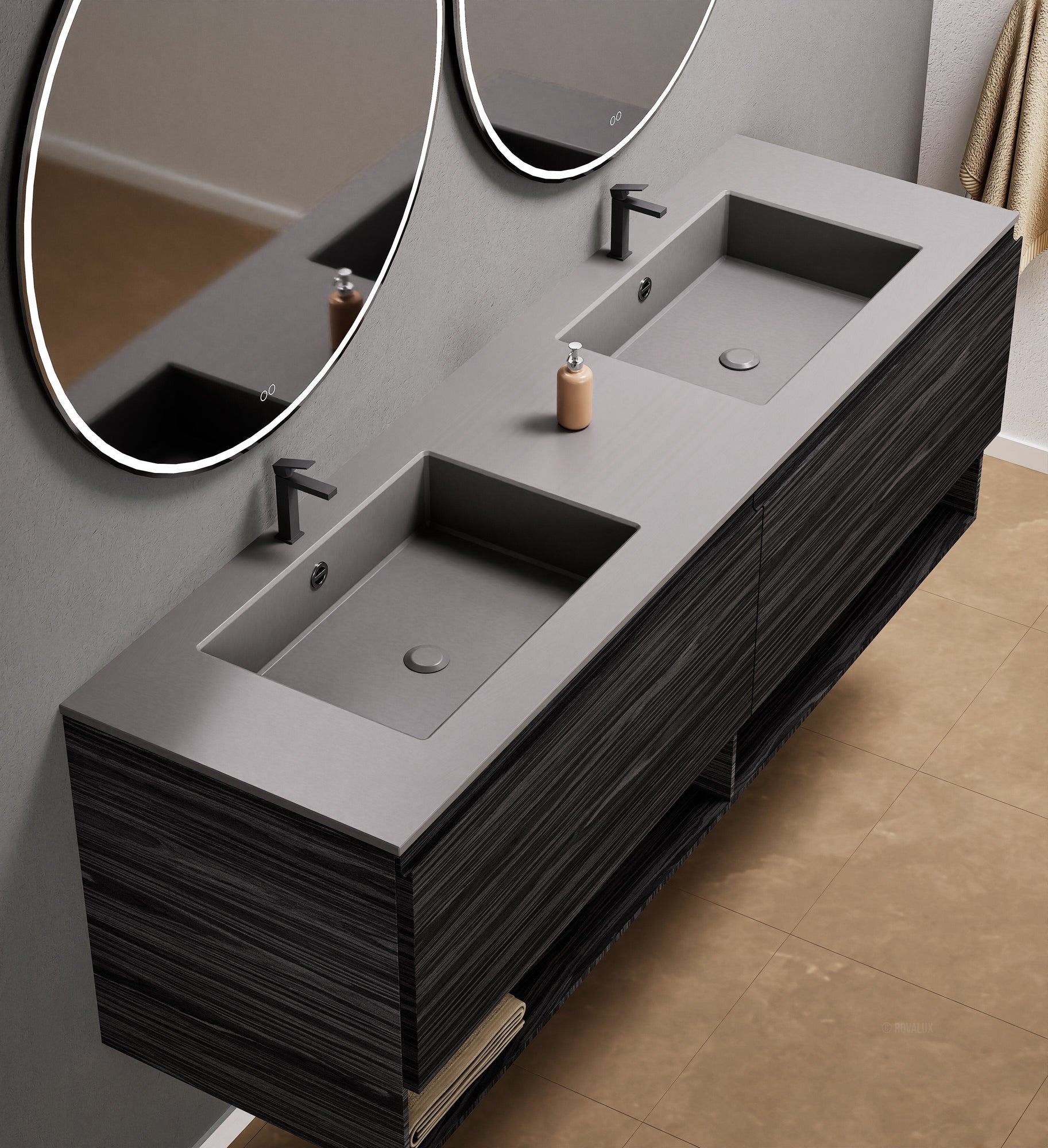 Aurora Double Set – Corian Sinks & Countertop with 2 Drawers Vanity & Bottom Shelves - ROVALUX
