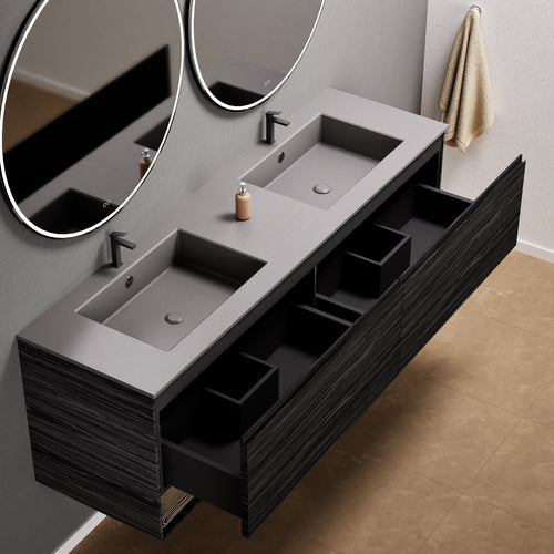 Aurora Double Set – Corian Sinks & Countertop with 2 Drawers Vanity & Bottom Shelves - ROVALUX