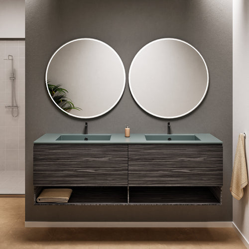Aurora Double Set – Corian Sinks & Countertop with 2 Drawers Vanity & Bottom Shelves - ROVALUX