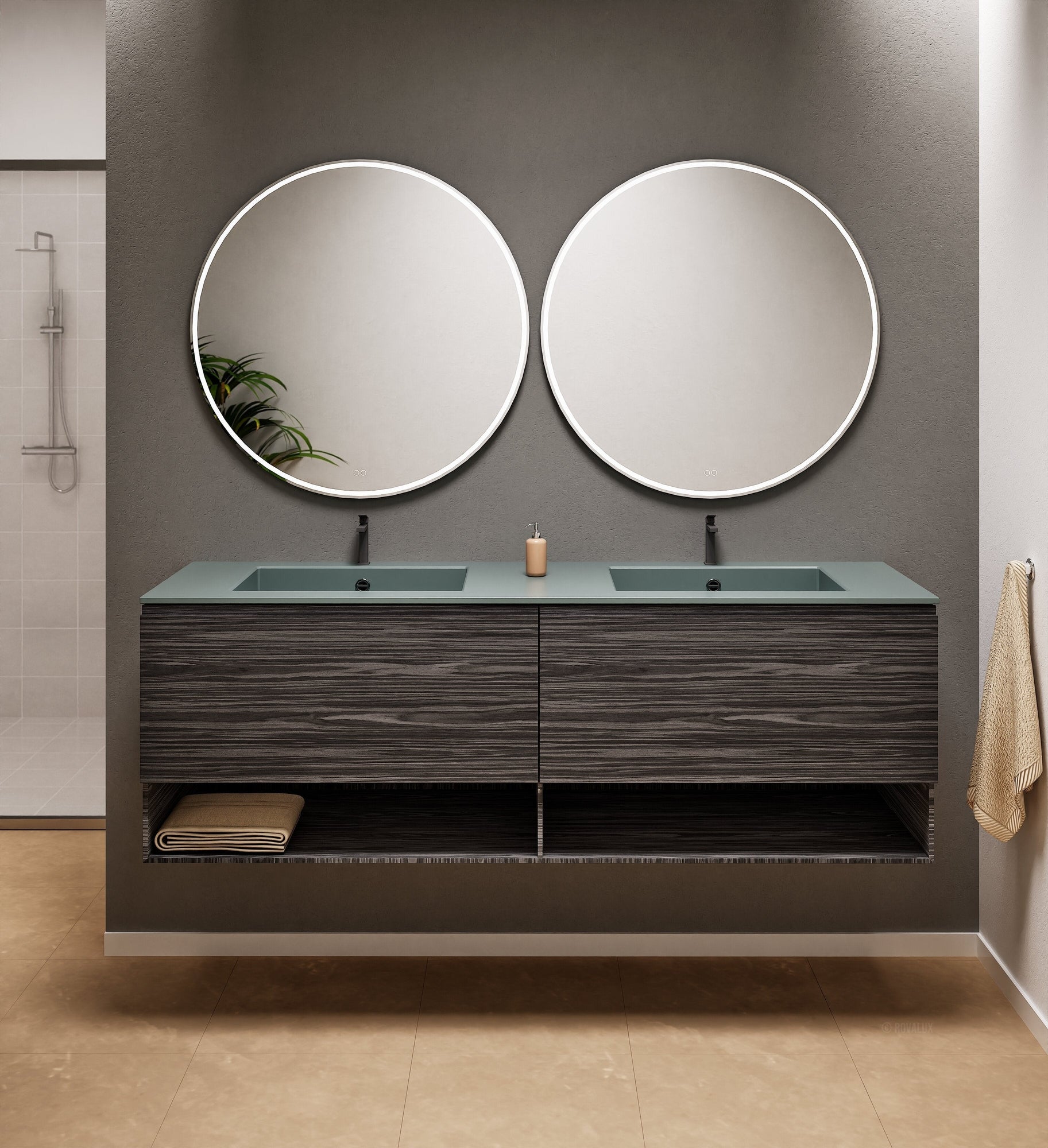 Aurora Double Set – Corian Sinks & Countertop with 2 Drawers Vanity & Bottom Shelves - ROVALUX
