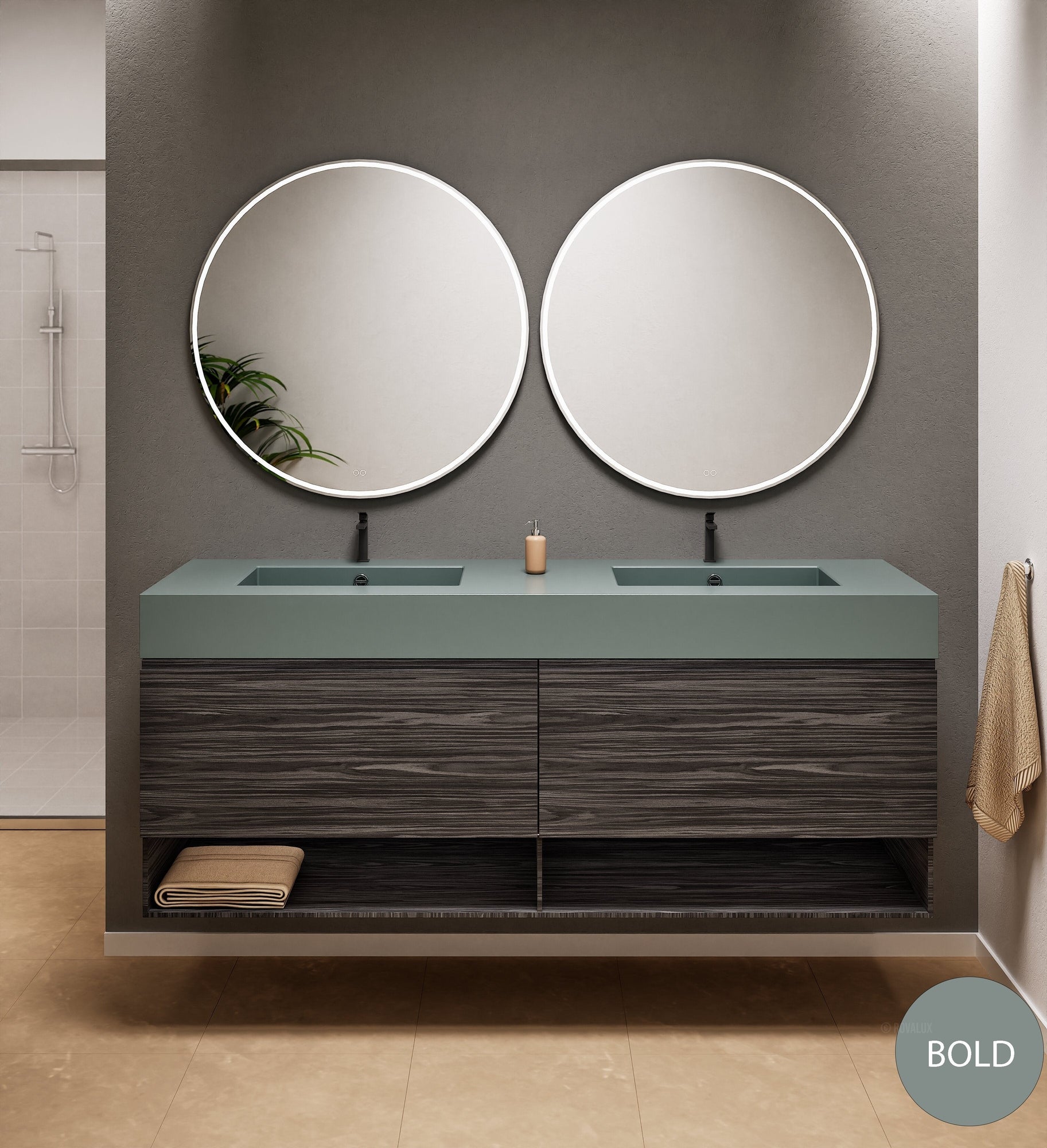 Aurora Double Set – Corian Sinks & Countertop with 2 Drawers Vanity & Bottom Shelves - ROVALUX