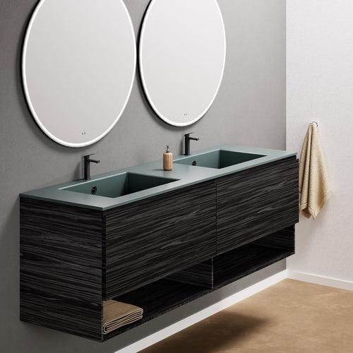 Aurora Double Set – Corian Sinks & Countertop with 2 Drawers Vanity & Bottom Shelves - ROVALUX