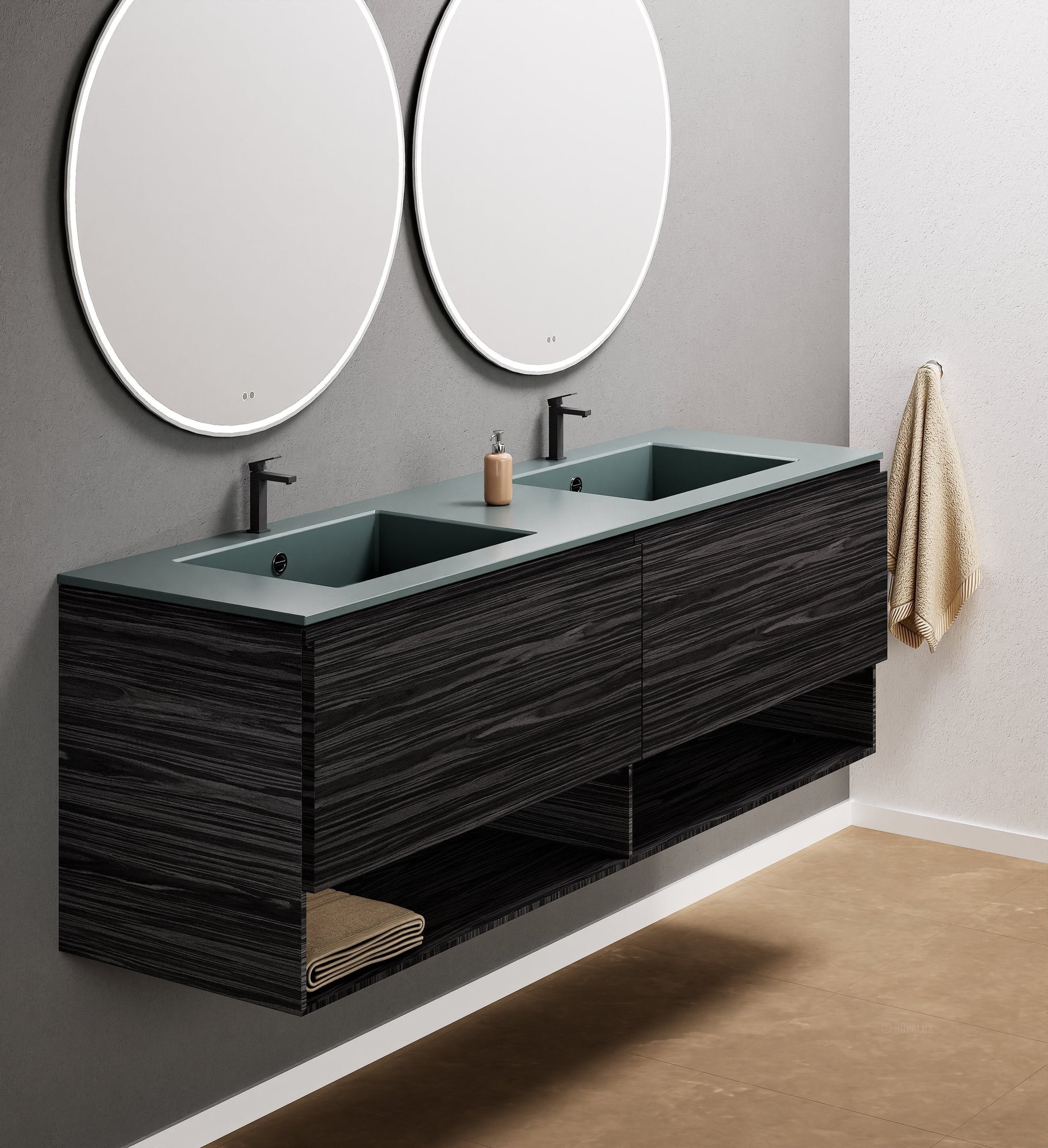 Aurora Double Set – Corian Sinks & Countertop with 2 Drawers Vanity & Bottom Shelves - ROVALUX