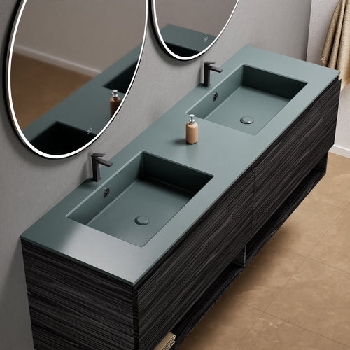 Aurora Double Set – Corian Sinks & Countertop with 2 Drawers Vanity & Bottom Shelves - ROVALUX