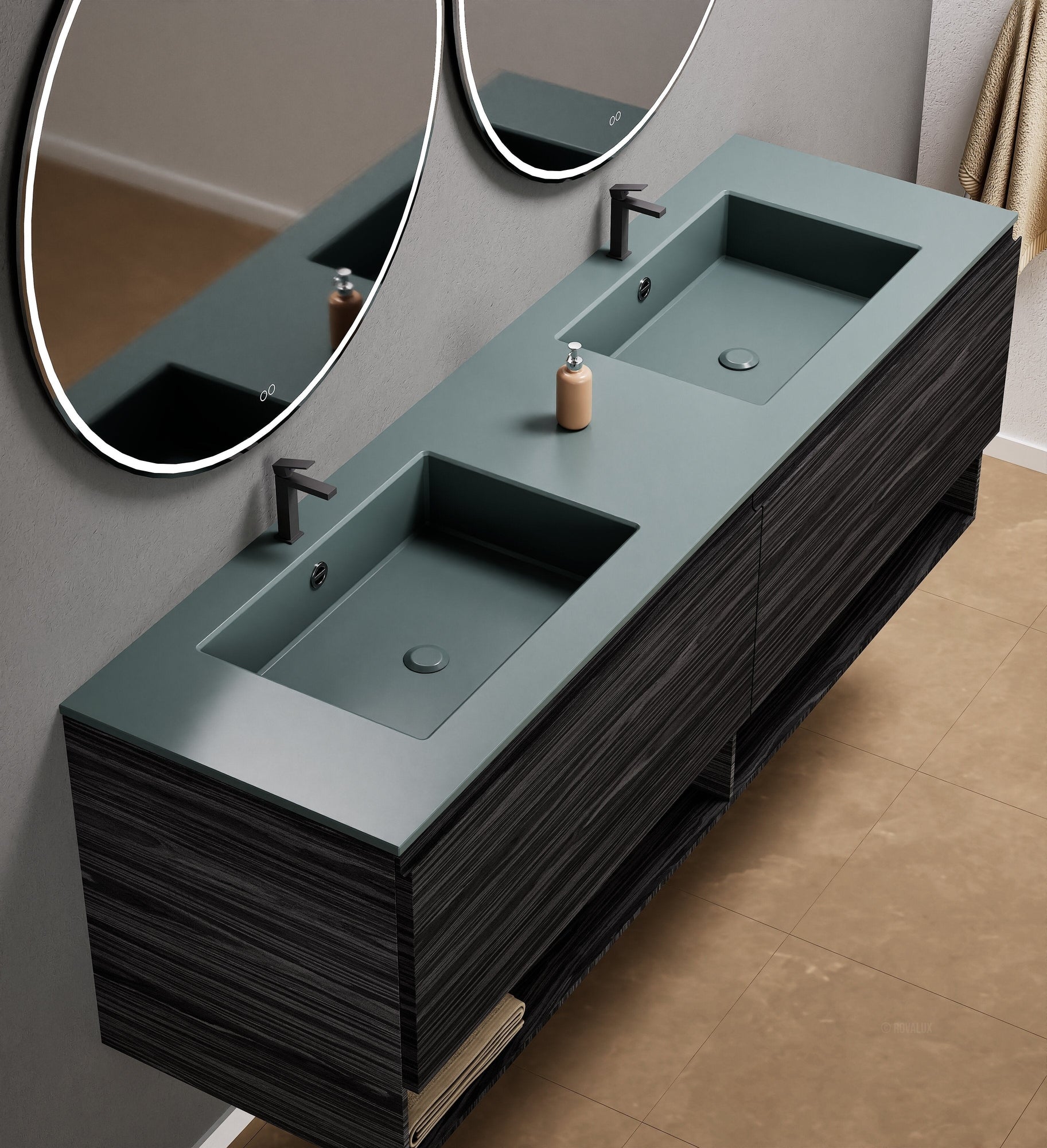Aurora Double Set – Corian Sinks & Countertop with 2 Drawers Vanity & Bottom Shelves - ROVALUX