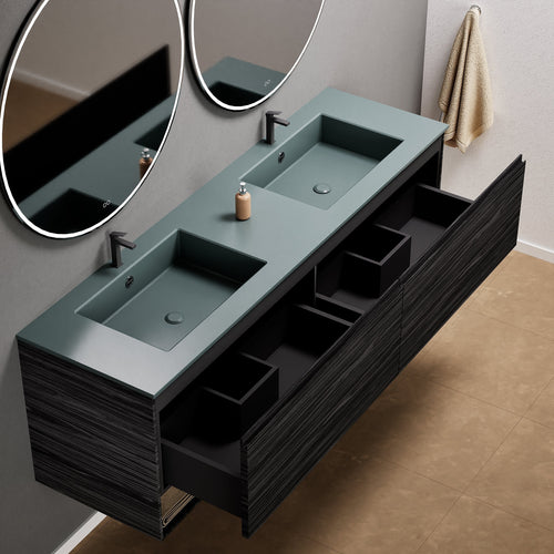 Aurora Double Set – Corian Sinks & Countertop with 2 Drawers Vanity & Bottom Shelves - ROVALUX
