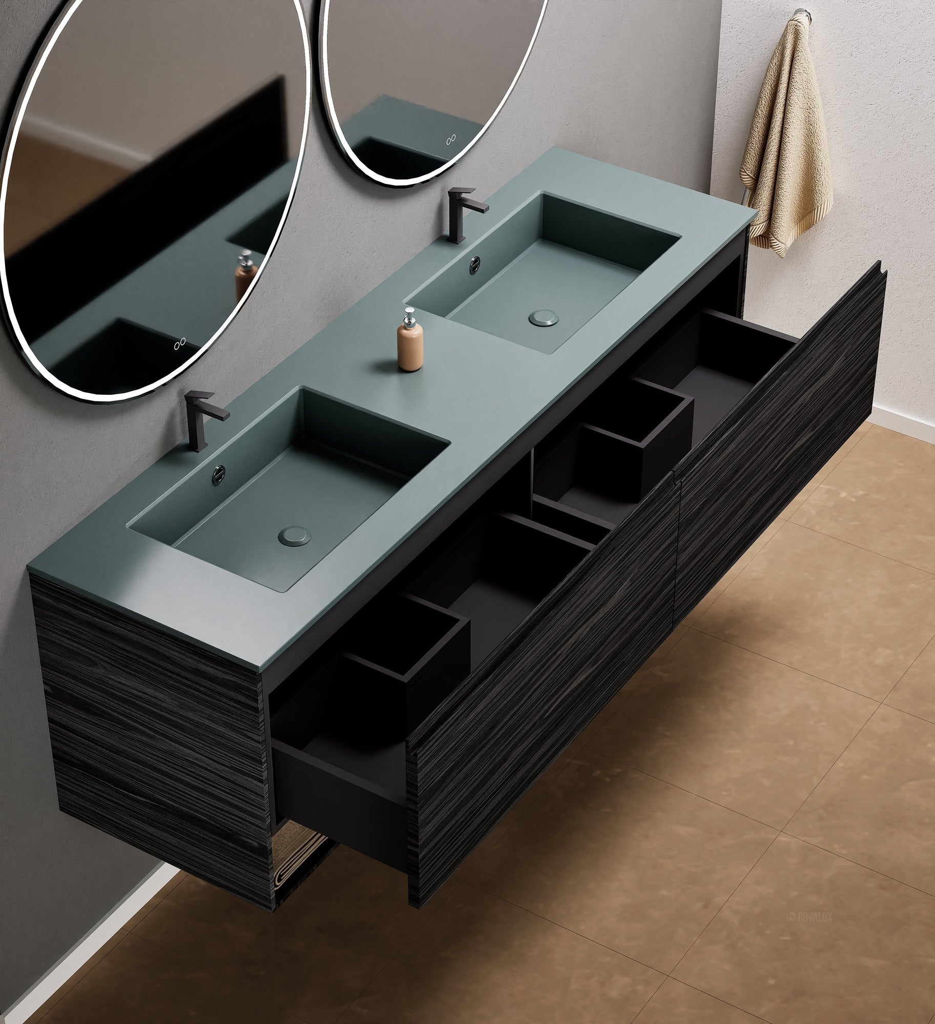 Aurora Double Set – Corian Sinks & Countertop with 2 Drawers Vanity & Bottom Shelves - ROVALUX