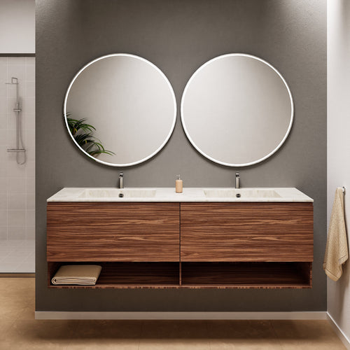 Aurora Double Set – Corian Sinks & Countertop with 2 Drawers Vanity & Bottom Shelves - ROVALUX