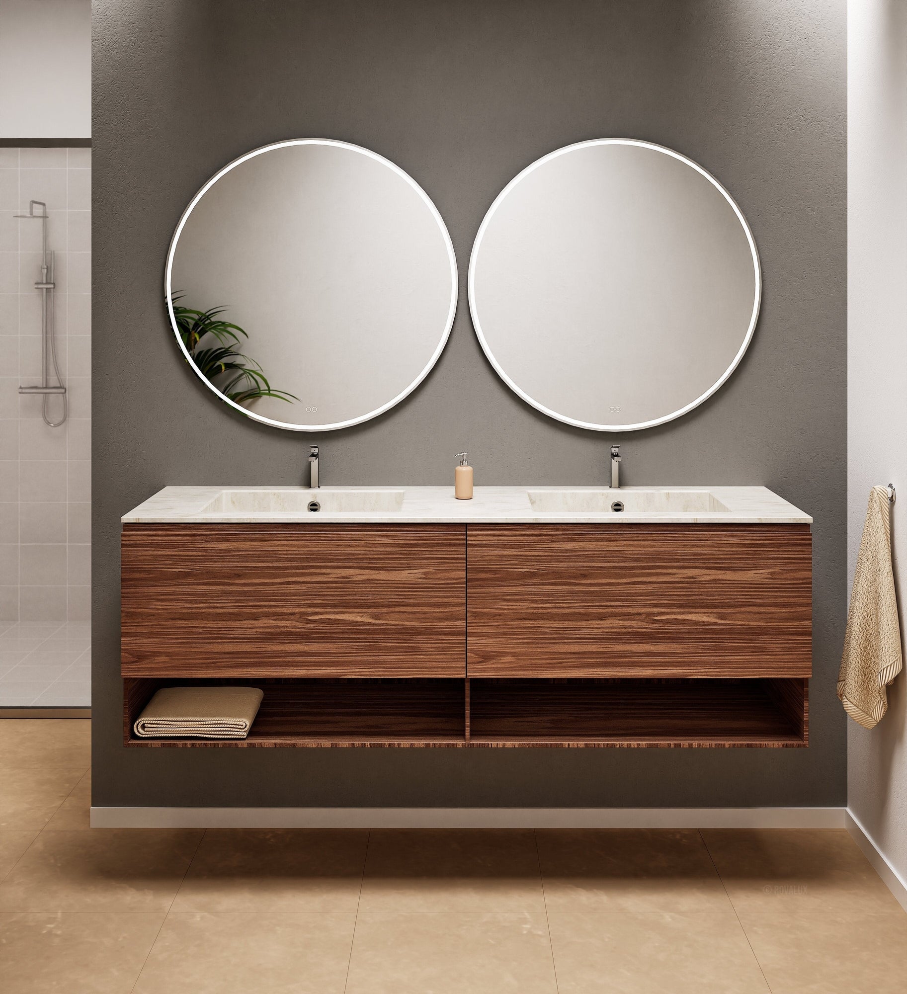 Aurora Double Set – Corian Sinks & Countertop with 2 Drawers Vanity & Bottom Shelves - ROVALUX