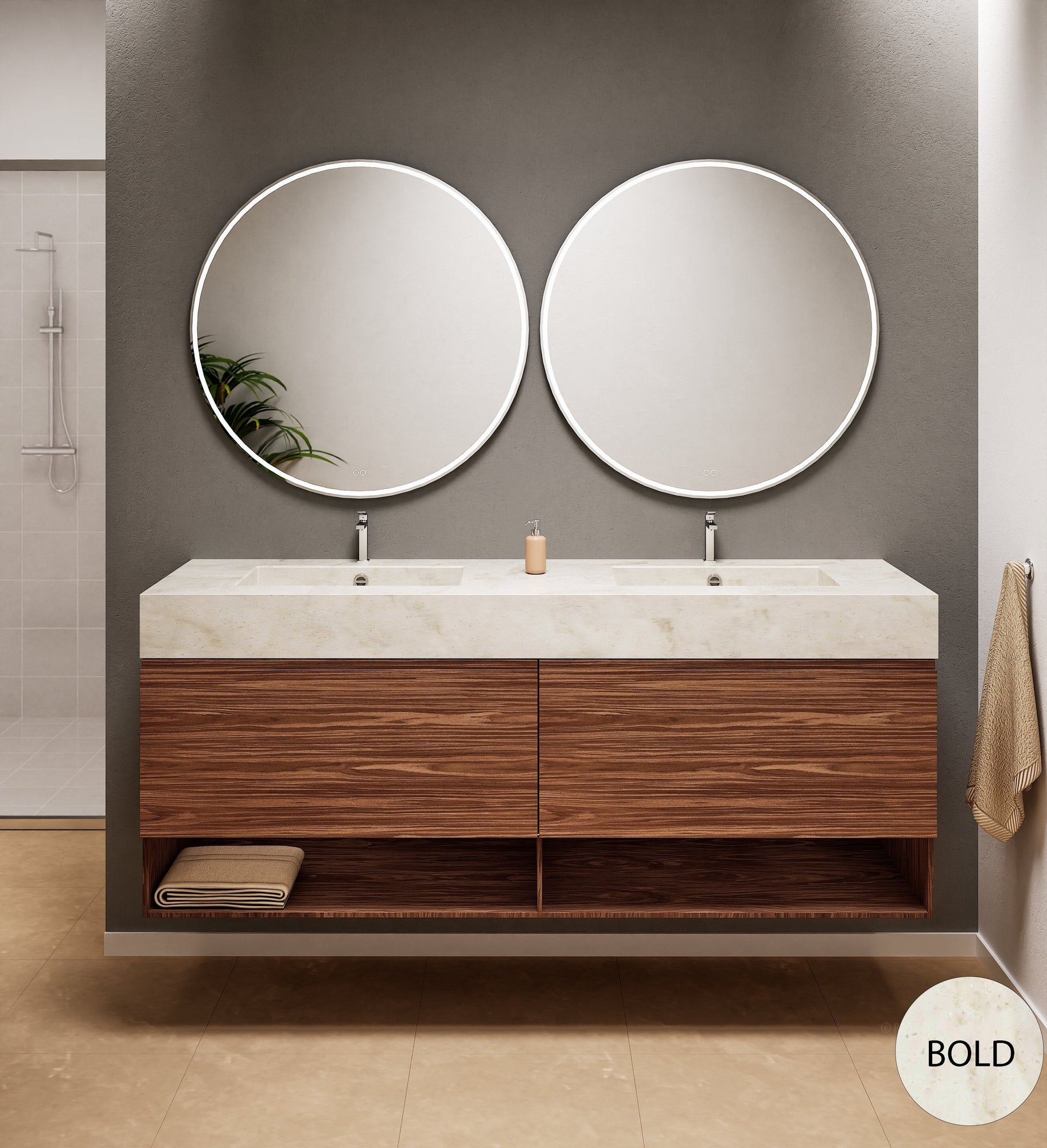 Aurora Double Set – Corian Sinks & Countertop with 2 Drawers Vanity & Bottom Shelves - ROVALUX