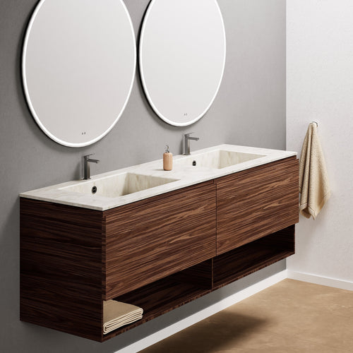 Aurora Double Set – Corian Sinks & Countertop with 2 Drawers Vanity & Bottom Shelves - ROVALUX
