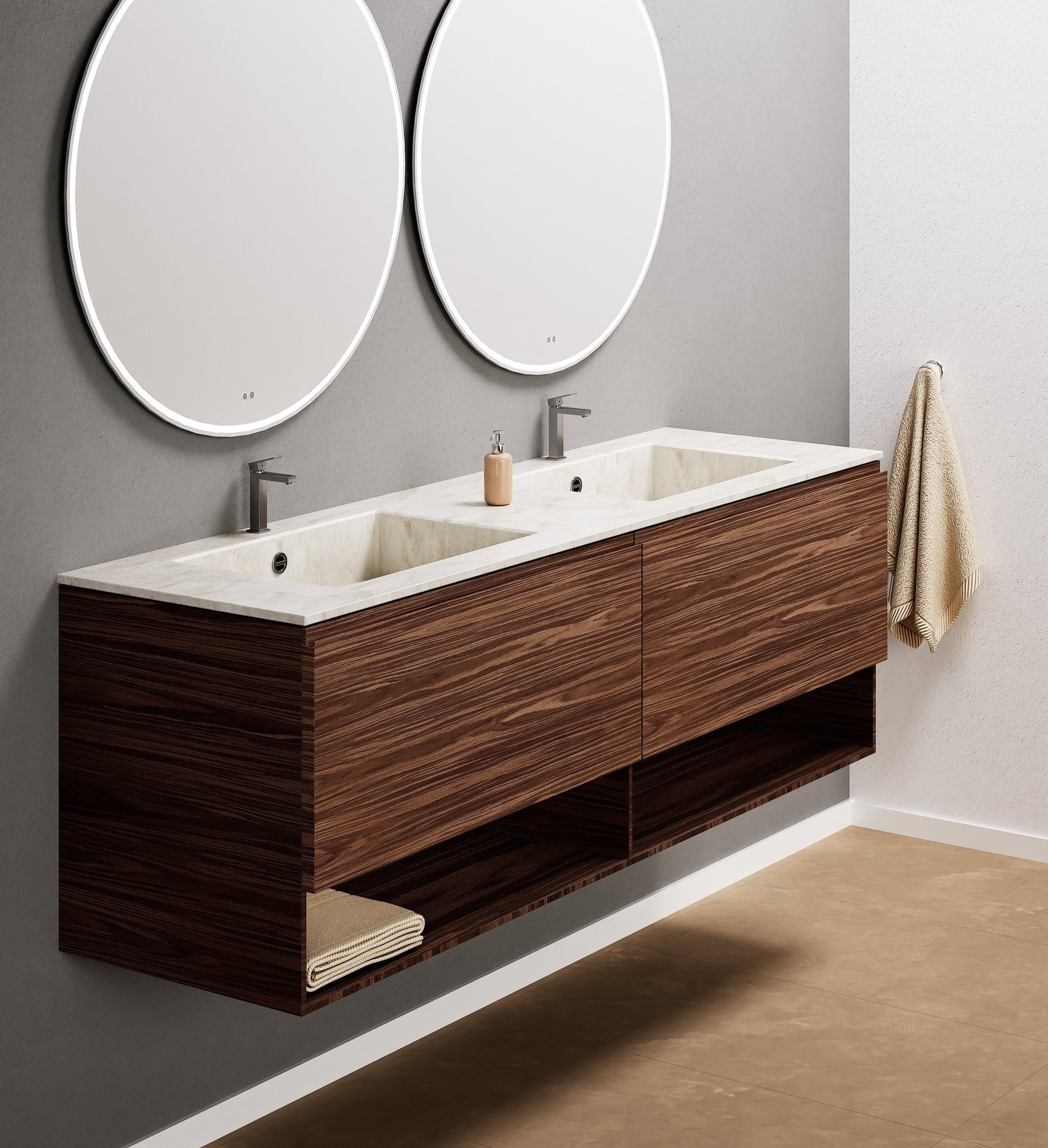 Aurora Double Set – Corian Sinks & Countertop with 2 Drawers Vanity & Bottom Shelves - ROVALUX