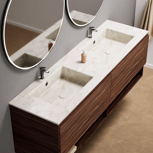 Aurora Double Set – Corian Sinks & Countertop with 2 Drawers Vanity & Bottom Shelves - ROVALUX