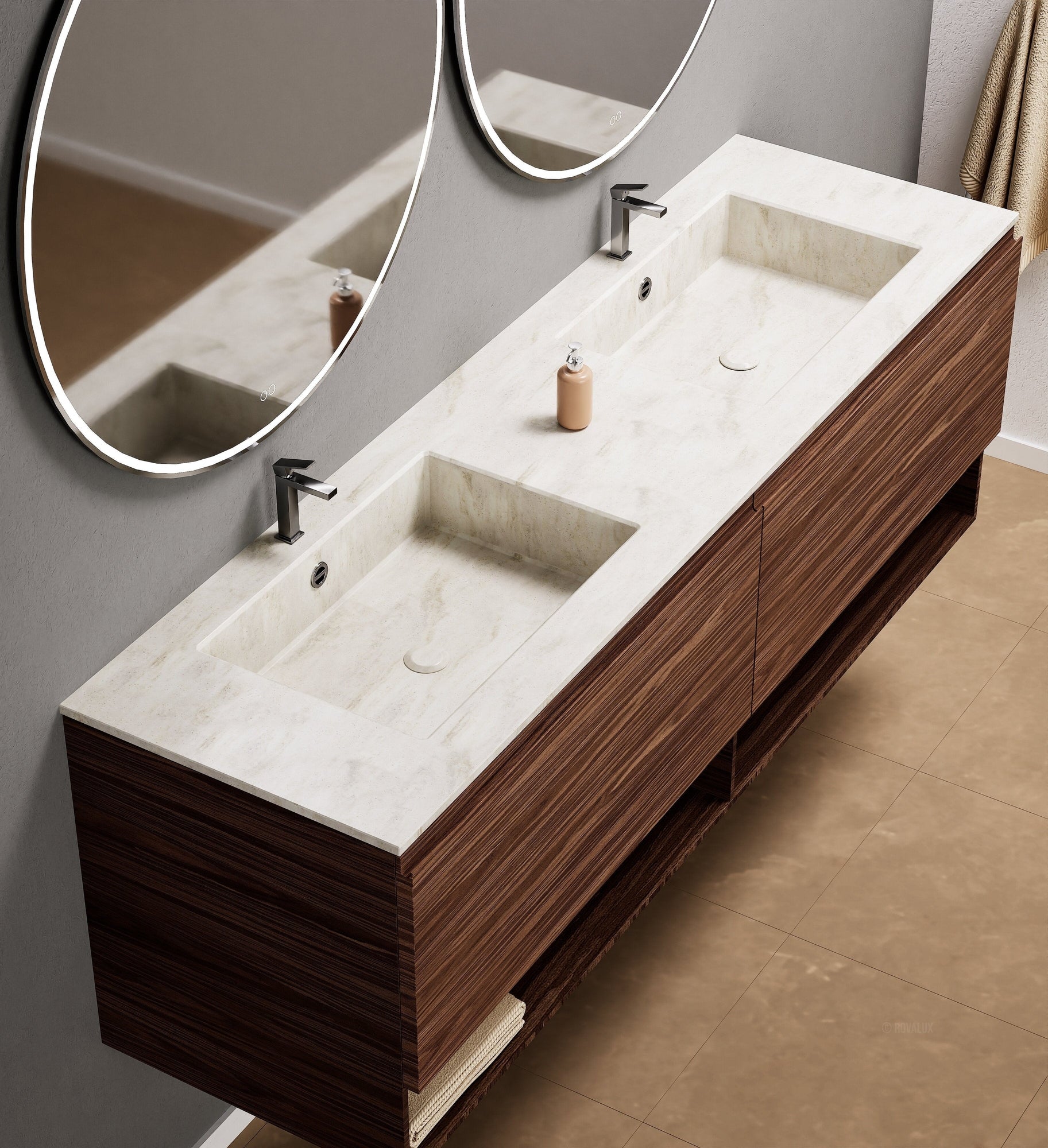 Aurora Double Set – Corian Sinks & Countertop with 2 Drawers Vanity & Bottom Shelves - ROVALUX