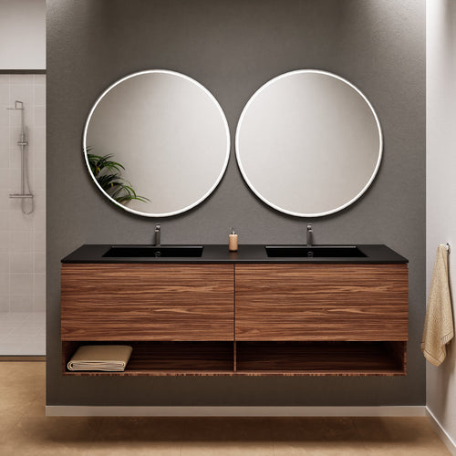 Aurora Double Set – Corian Sinks & Countertop with 2 Drawers Vanity & Bottom Shelves - ROVALUX