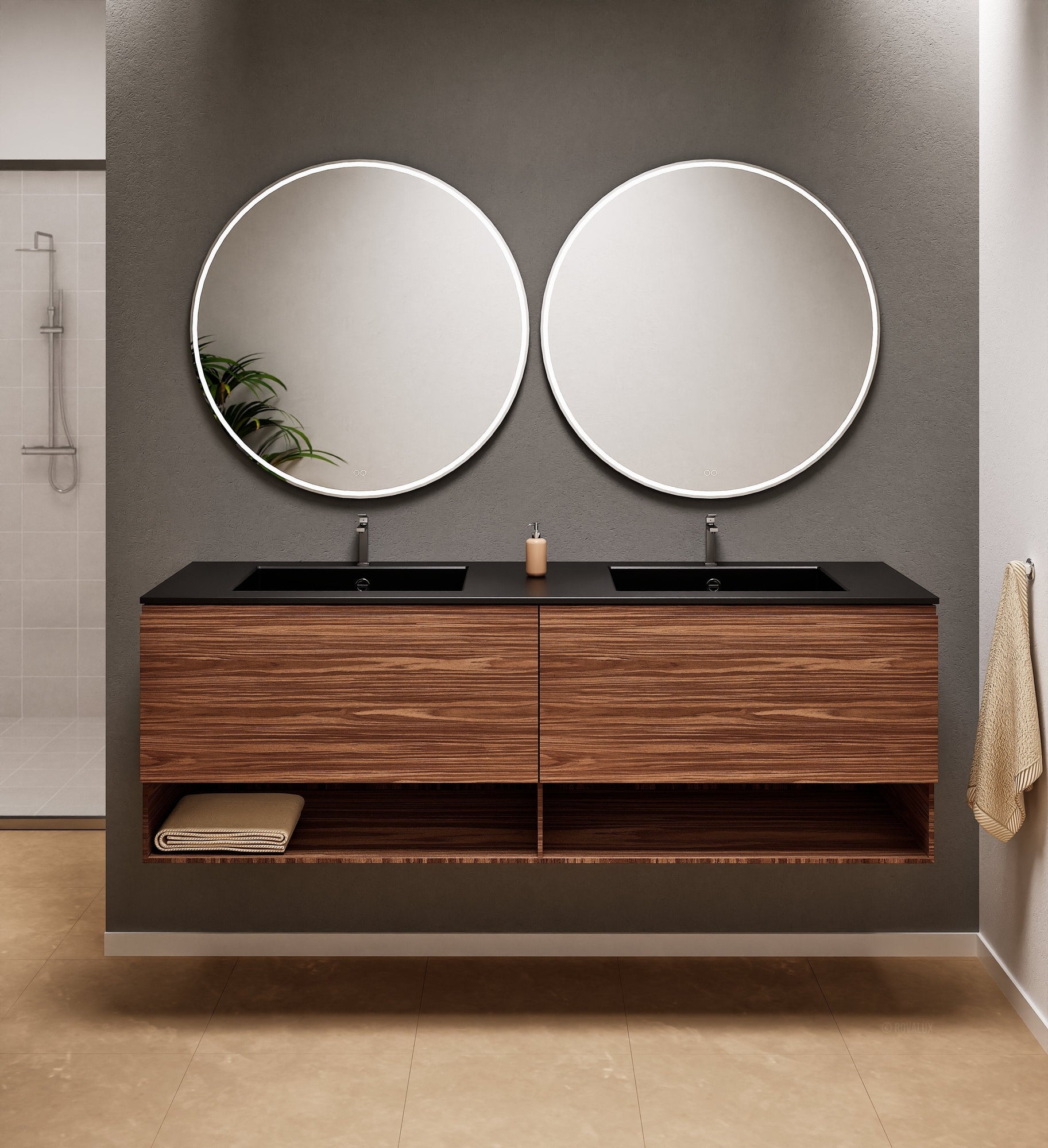 Aurora Double Set – Corian Sinks & Countertop with 2 Drawers Vanity & Bottom Shelves - ROVALUX