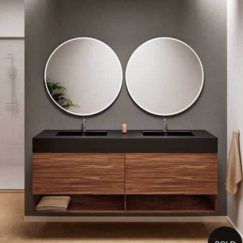 Aurora Double Set – Corian Sinks & Countertop with 2 Drawers Vanity & Bottom Shelves - ROVALUX