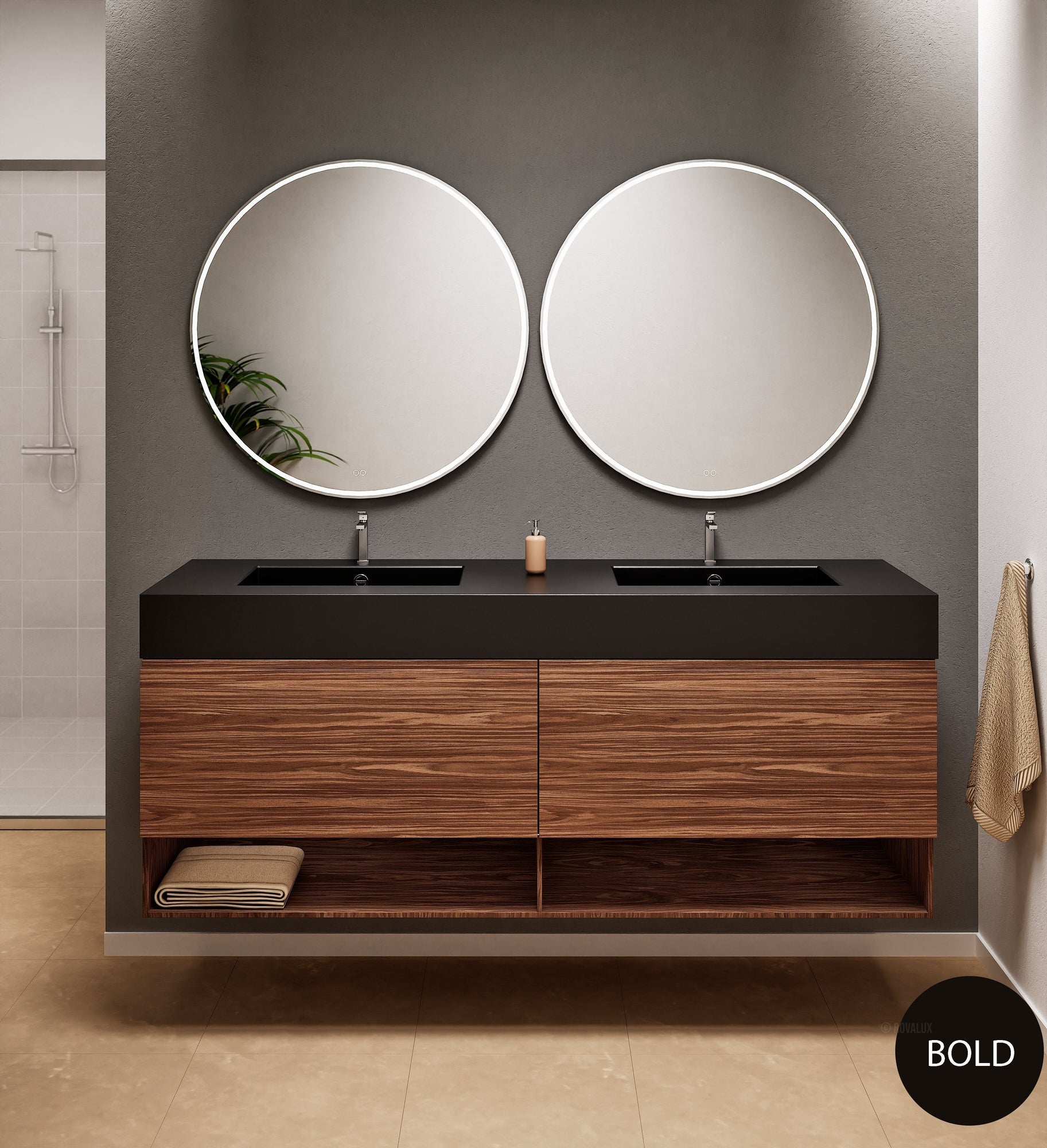 Aurora Double Set – Corian Sinks & Countertop with 2 Drawers Vanity & Bottom Shelves - ROVALUX