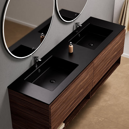 Aurora Double Set – Corian Sinks & Countertop with 2 Drawers Vanity & Bottom Shelves - ROVALUX