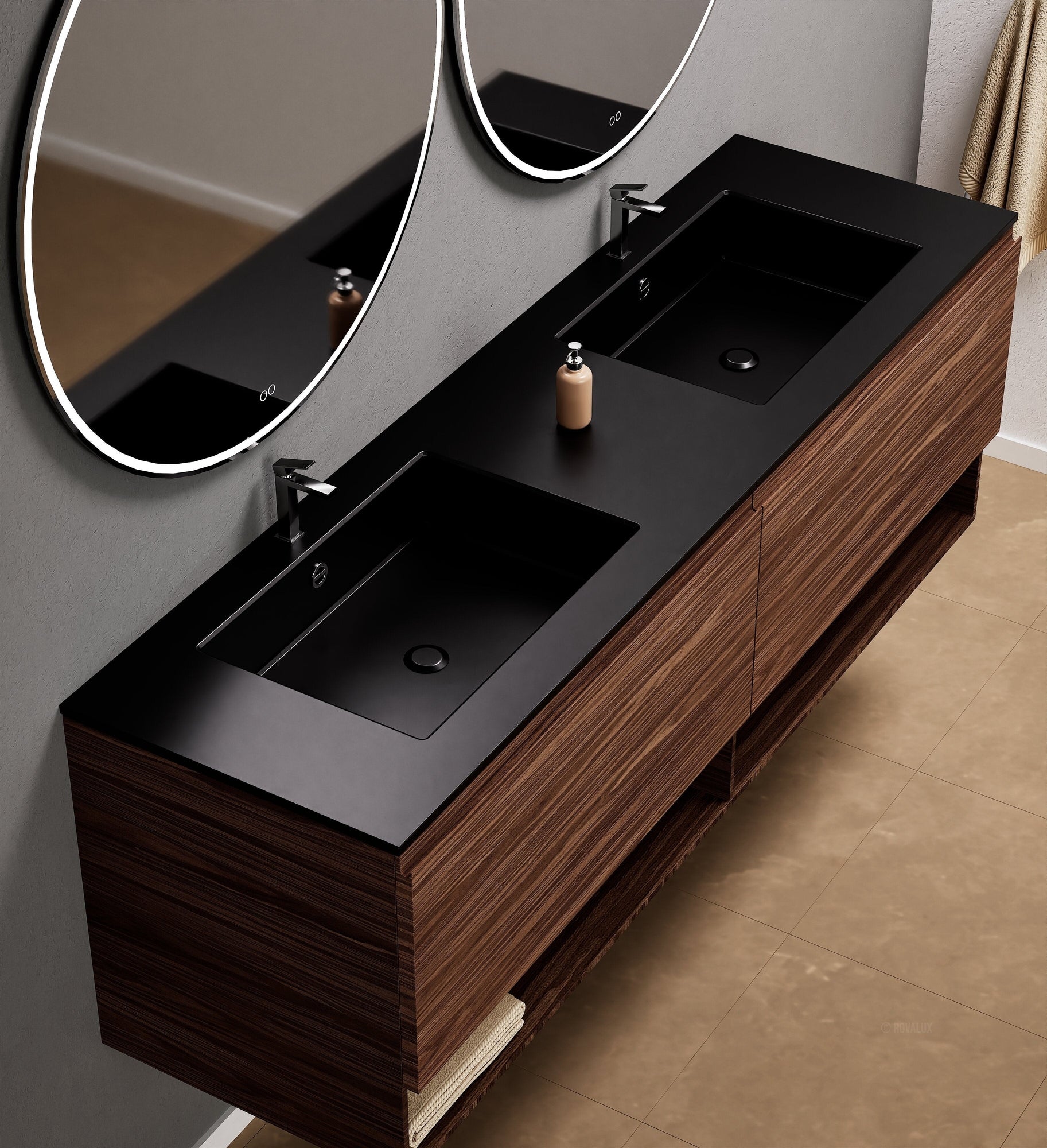 Aurora Double Set – Corian Sinks & Countertop with 2 Drawers Vanity & Bottom Shelves - ROVALUX