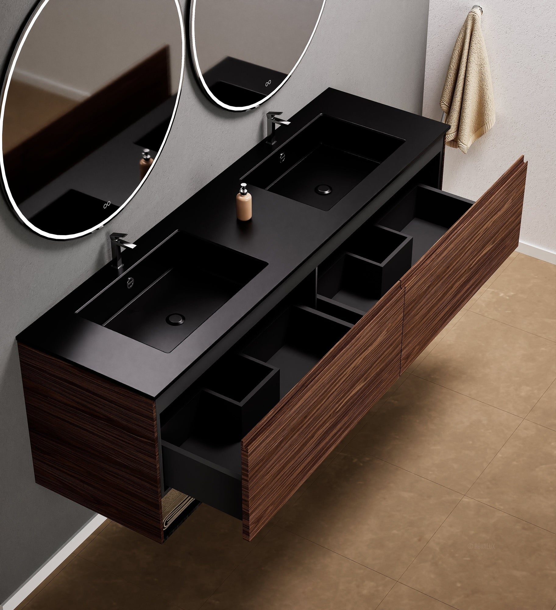 Aurora Double Set – Corian Sinks & Countertop with 2 Drawers Vanity & Bottom Shelves - ROVALUX