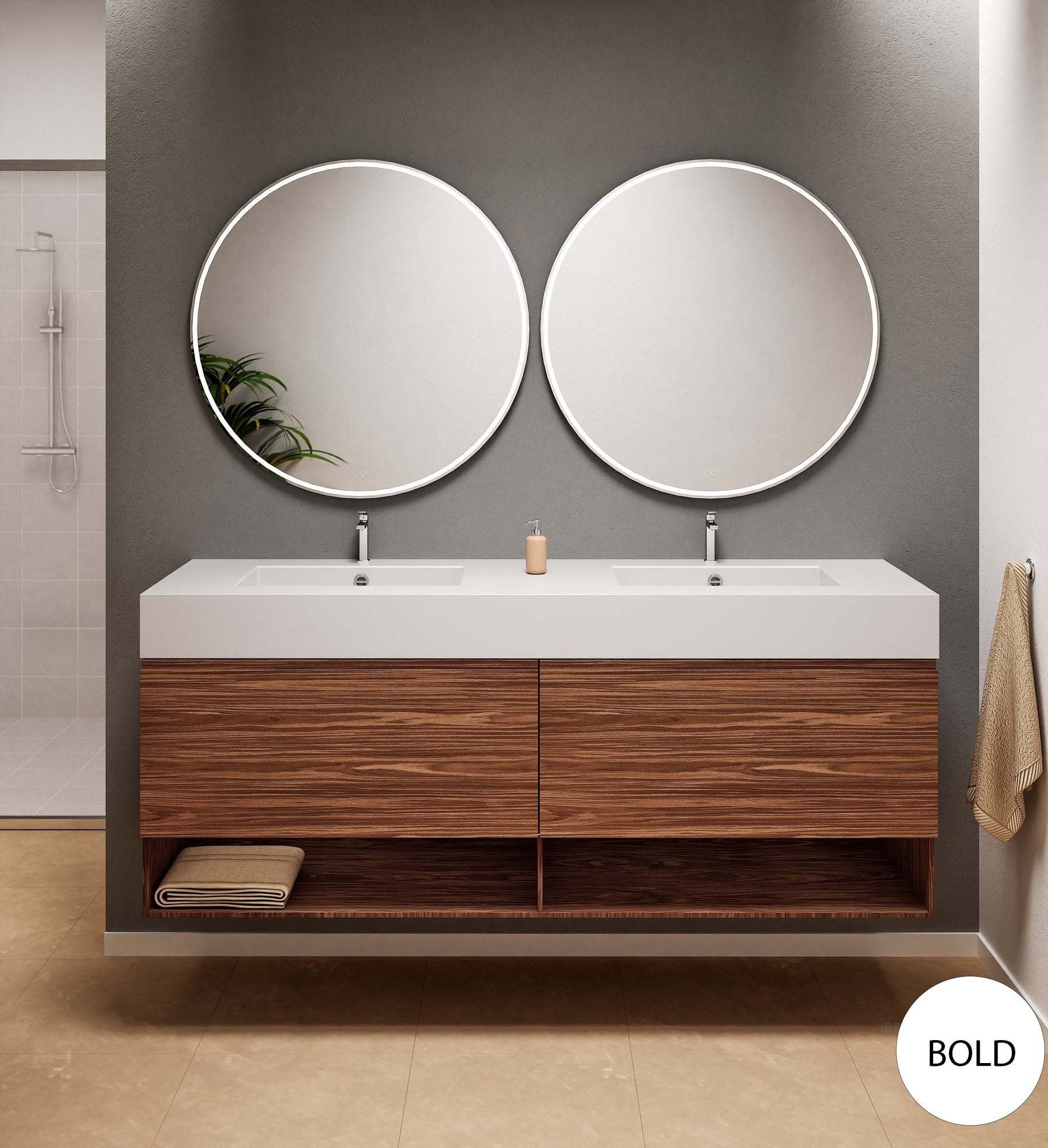 Aurora Double Set – Corian Sinks & Countertop with 2 Drawers Vanity & Bottom Shelves - ROVALUX