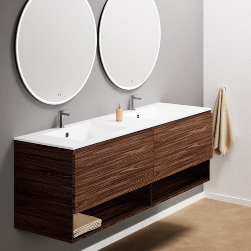Aurora Double Set – Corian Sinks & Countertop with 2 Drawers Vanity & Bottom Shelves - ROVALUX
