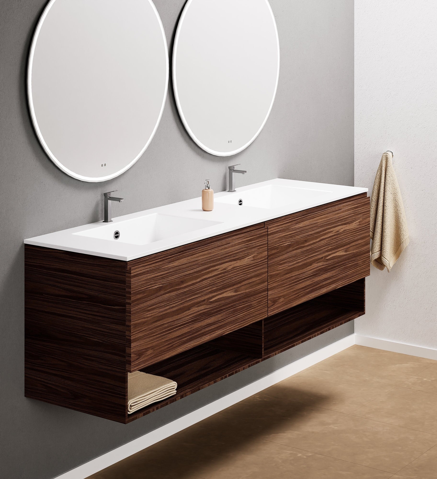 Aurora Double Set – Corian Sinks & Countertop with 2 Drawers Vanity & Bottom Shelves - ROVALUX