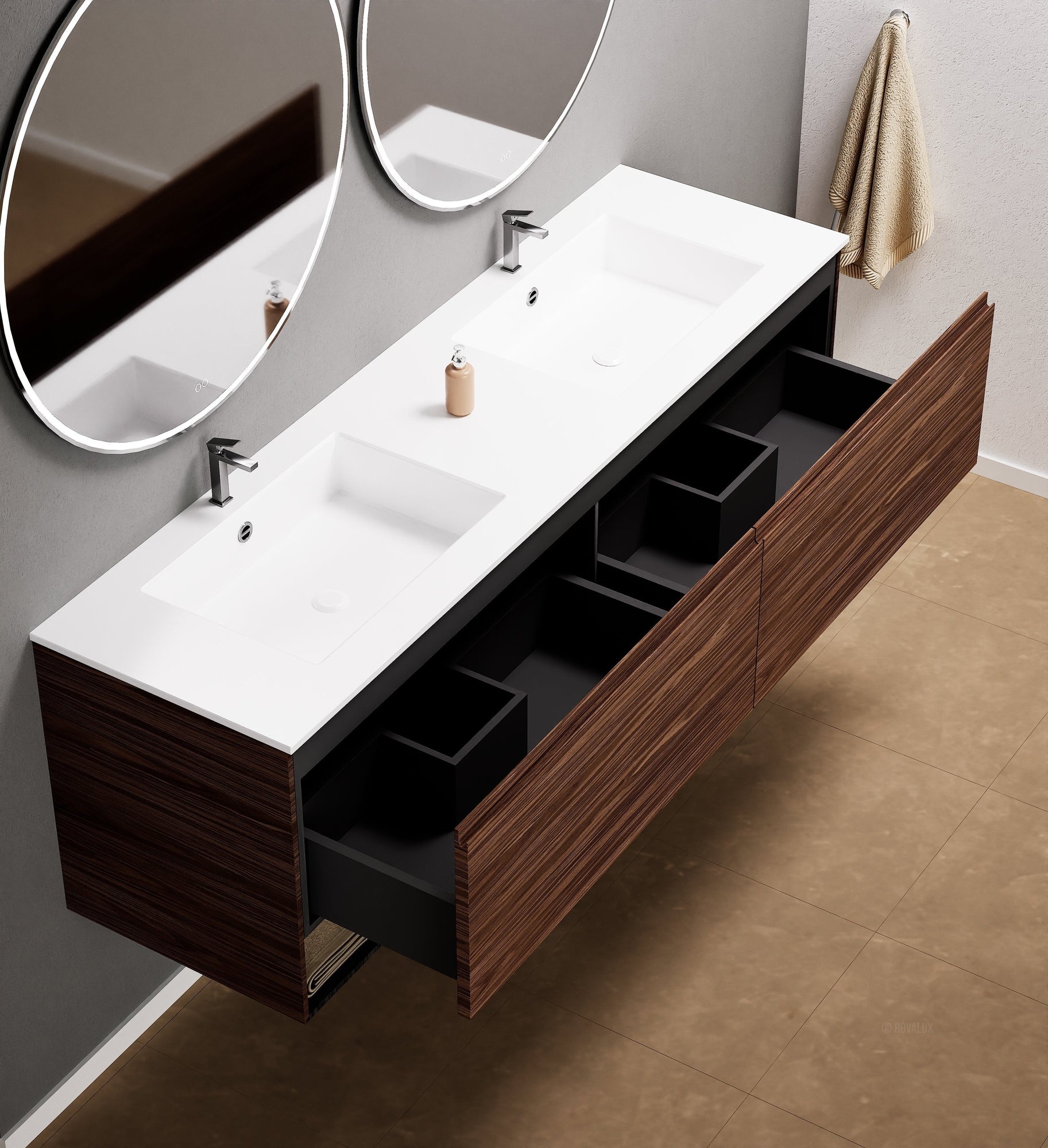 Aurora Double Set – Corian Sinks & Countertop with 2 Drawers Vanity & Bottom Shelves - ROVALUX