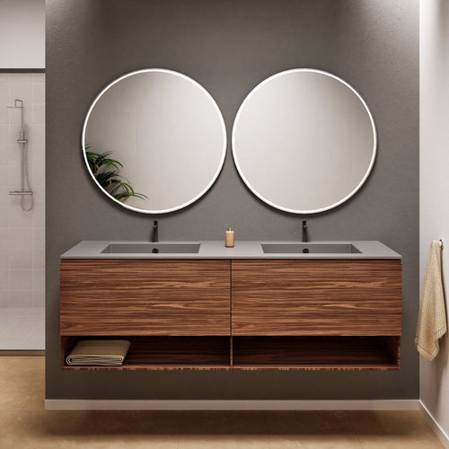 Aurora Double Set – Corian Sinks & Countertop with 2 Drawers Vanity & Bottom Shelves - ROVALUX
