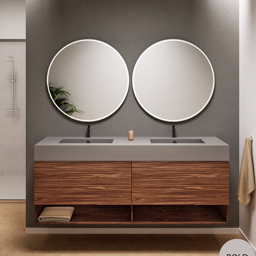 Aurora Double Set – Corian Sinks & Countertop with 2 Drawers Vanity & Bottom Shelves - ROVALUX
