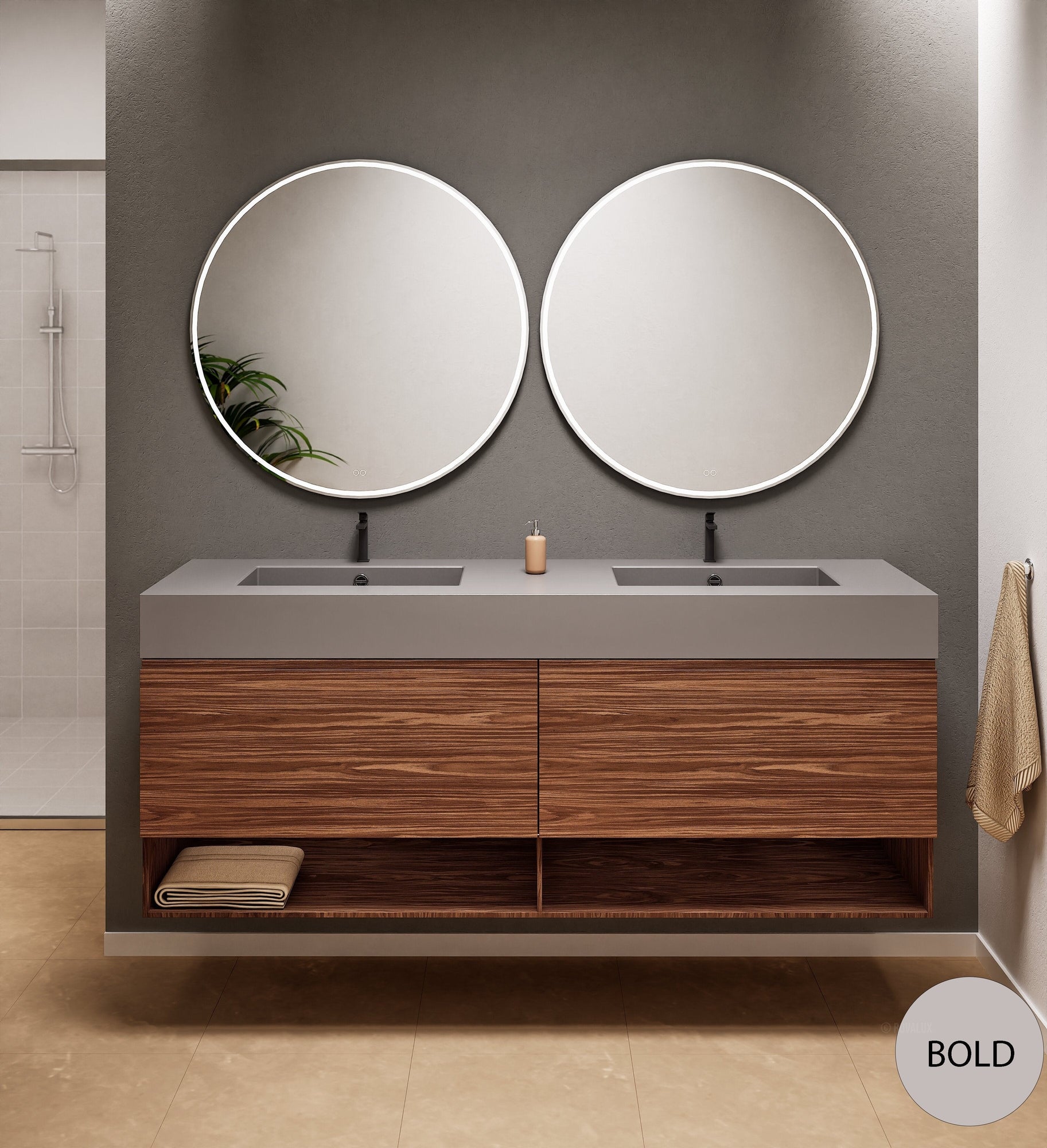 Aurora Double Set – Corian Sinks & Countertop with 2 Drawers Vanity & Bottom Shelves - ROVALUX