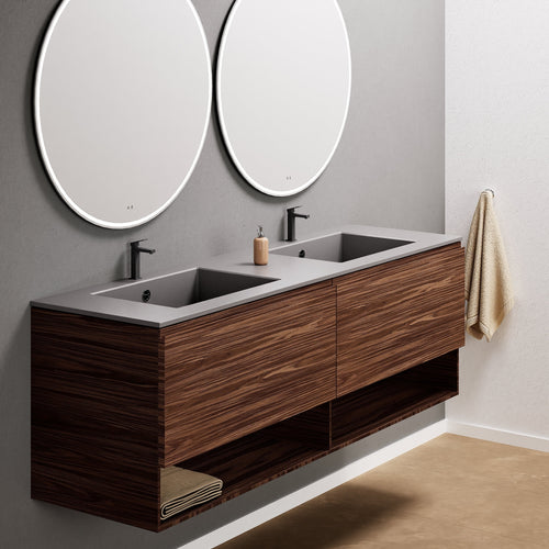 Aurora Double Set – Corian Sinks & Countertop with 2 Drawers Vanity & Bottom Shelves - ROVALUX