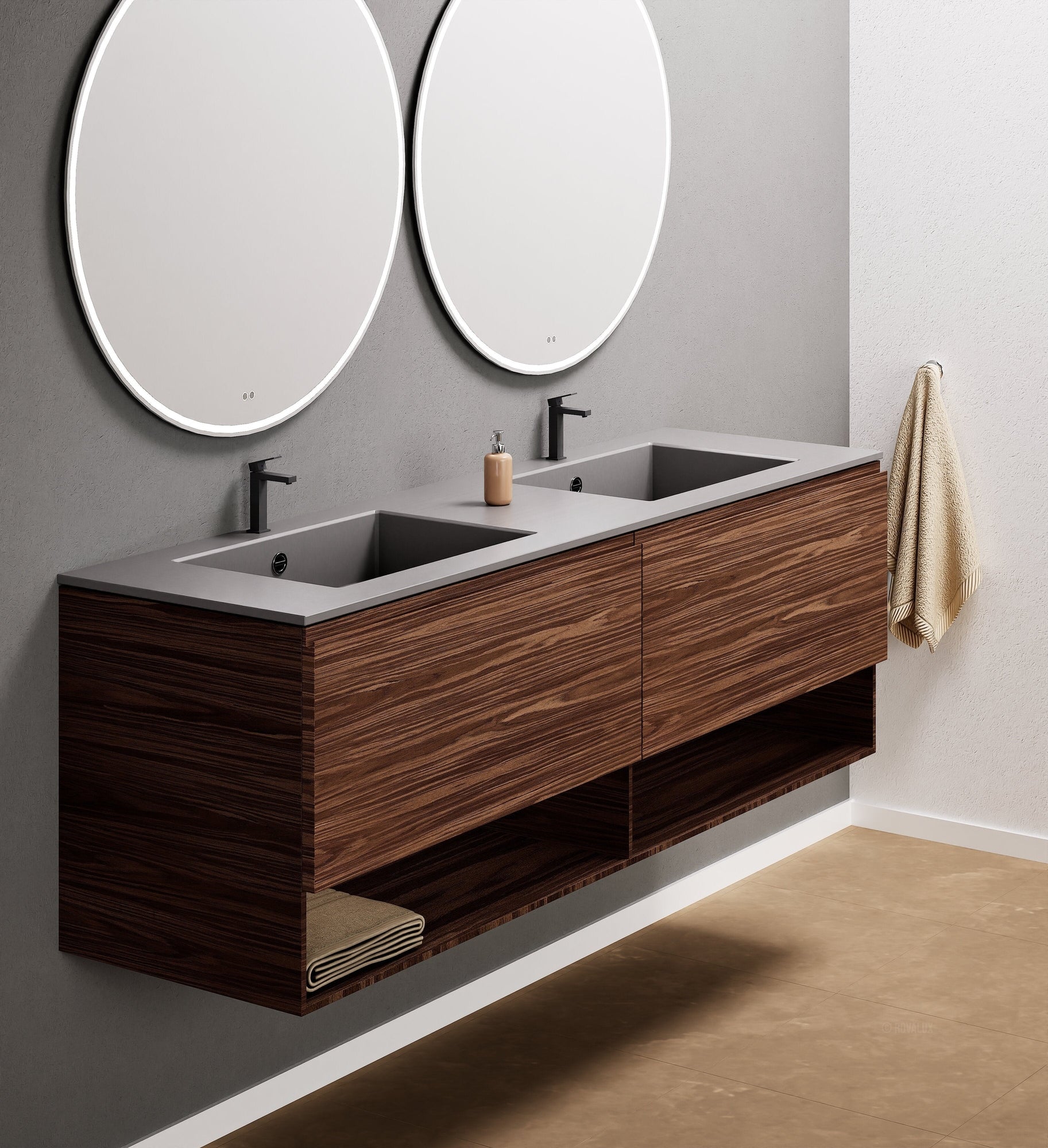 Aurora Double Set – Corian Sinks & Countertop with 2 Drawers Vanity & Bottom Shelves - ROVALUX