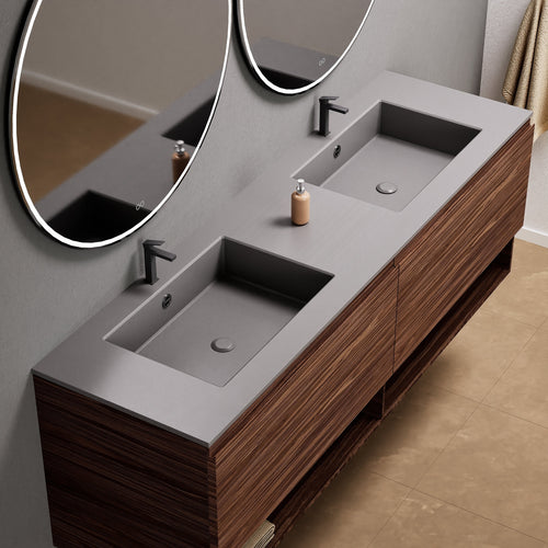 Aurora Double Set – Corian Sinks & Countertop with 2 Drawers Vanity & Bottom Shelves - ROVALUX