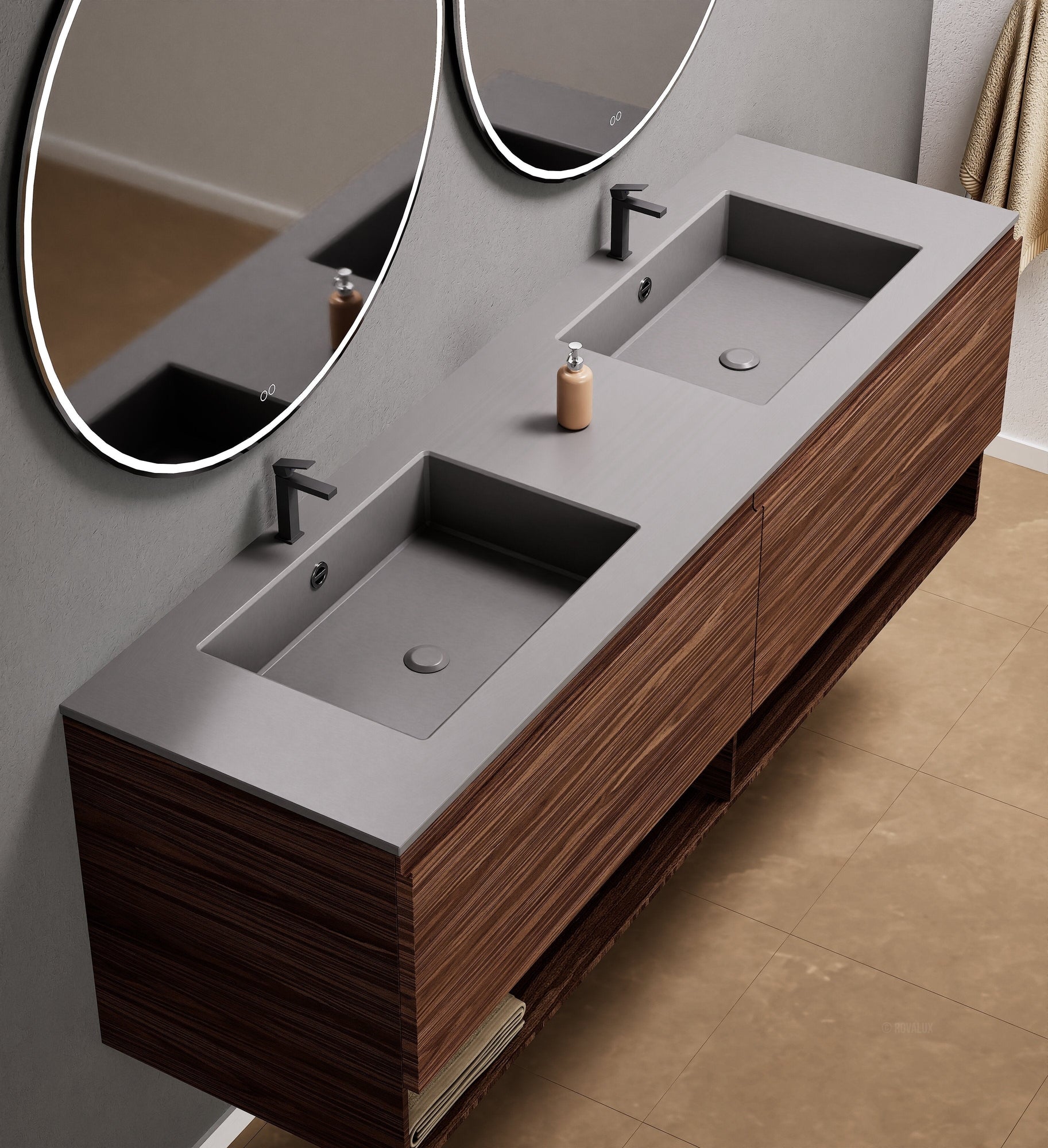 Aurora Double Set – Corian Sinks & Countertop with 2 Drawers Vanity & Bottom Shelves - ROVALUX