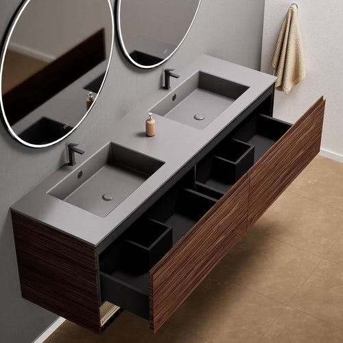 Aurora Double Set – Corian Sinks & Countertop with 2 Drawers Vanity & Bottom Shelves - ROVALUX